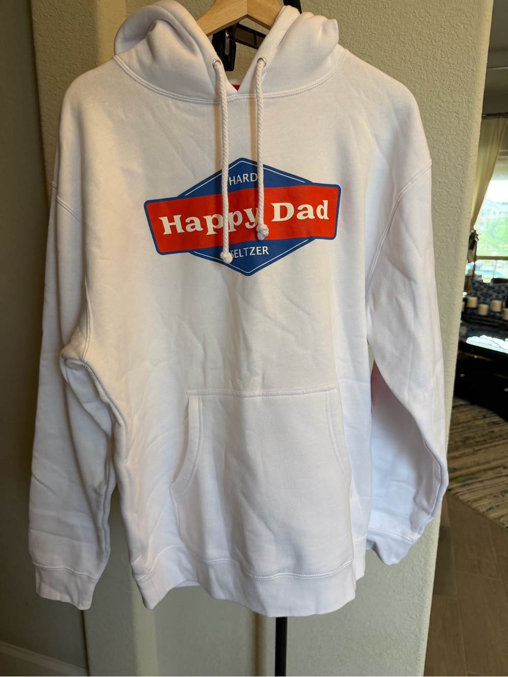 Full Send Happy Dad Seltzer White Hoodie - Graphic Pullover Sweatshirt M